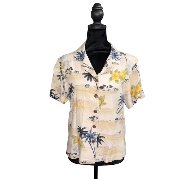 Women's vintge La Cabana Beige Hawaiian Button Down Shirt Size Petite Large 90s - Picture 2 of 9